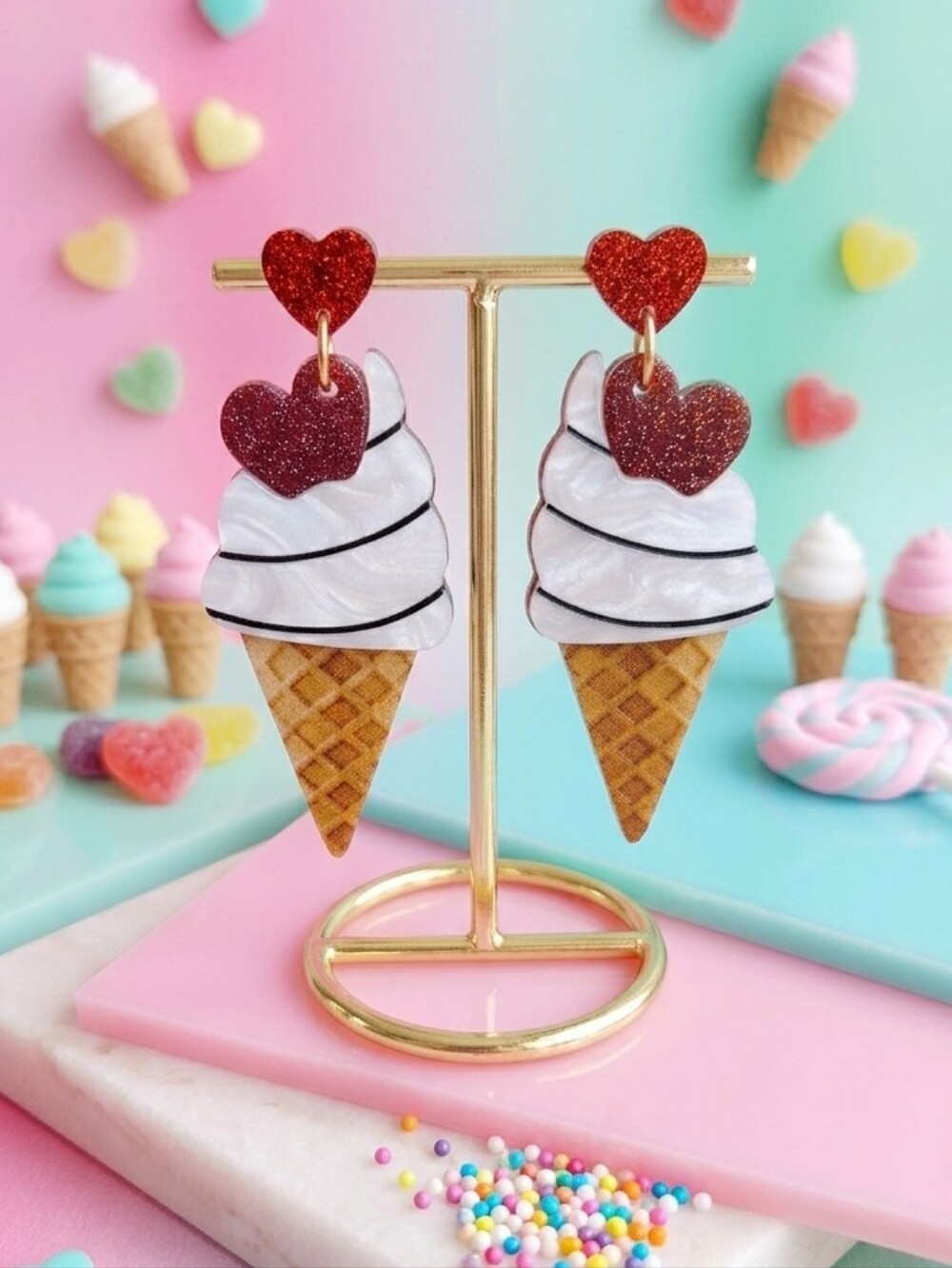Ice Cream Cone Dangle Earrings Red Glitter Heart Acrylic Kawaii Summer Y2K 2.4in - Picture 5 of 16